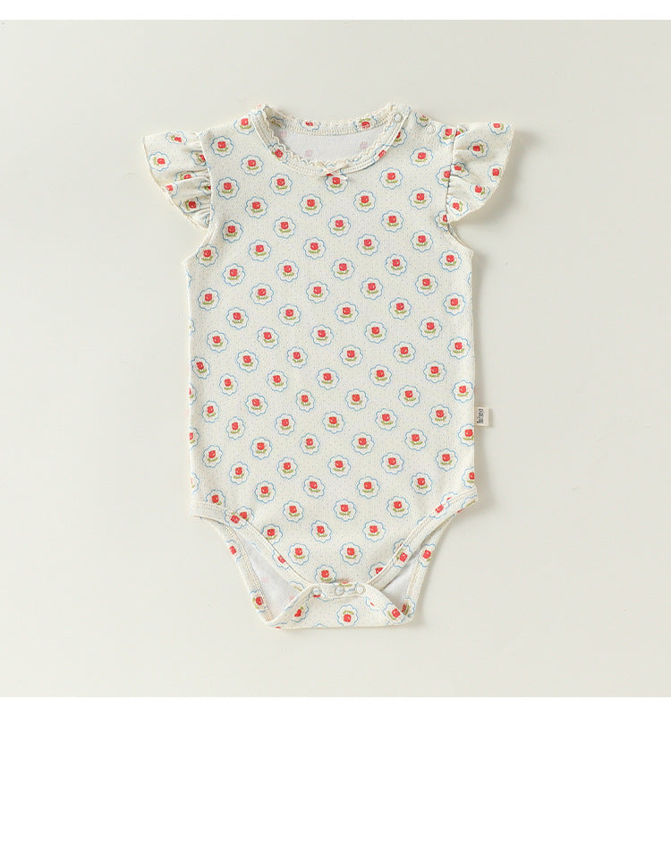 Frill Sleeve Cotton Romper フラワー チェリー フリル袖ロンパース【mh0012780】