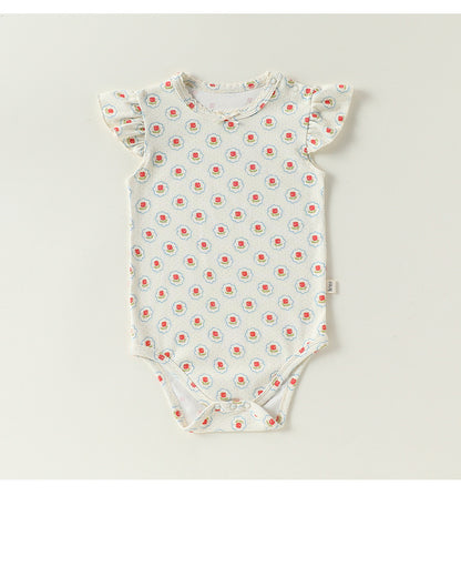Frill Sleeve Cotton Romper フラワー チェリー フリル袖ロンパース【mh0012780】