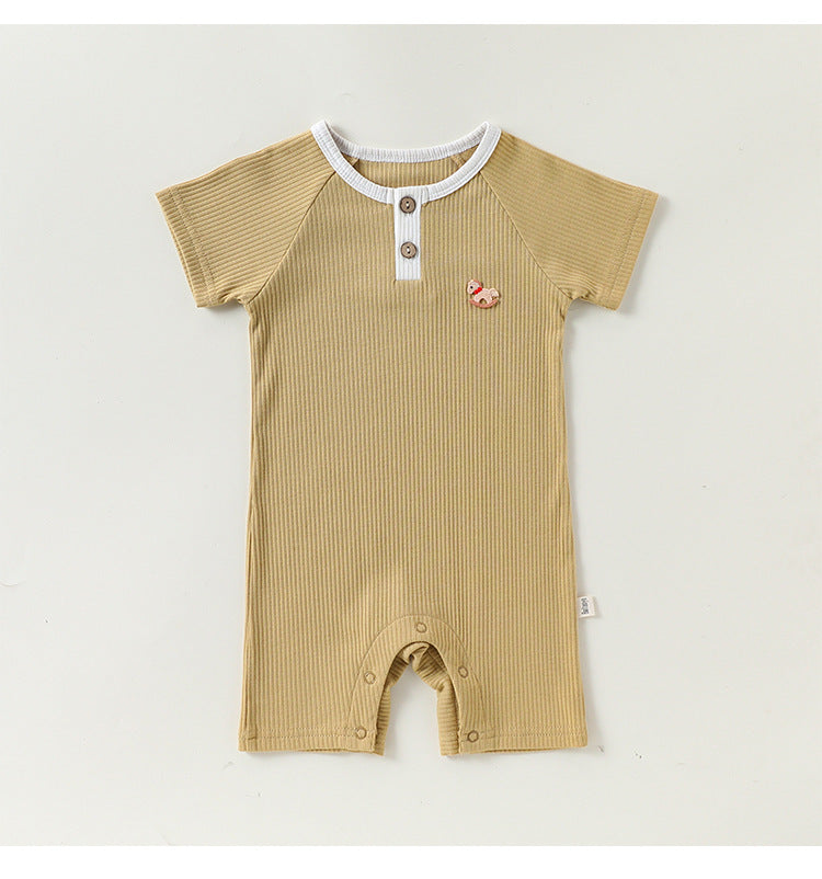 Henley Neckline Short Sleeve Modal Romper ワンポイント 刺繍 半袖ロンパース【mh0012781】