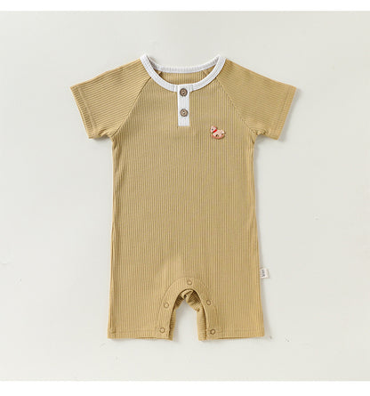 Henley Neckline Short Sleeve Modal Romper ワンポイント 刺繍 半袖ロンパース【mh0012781】