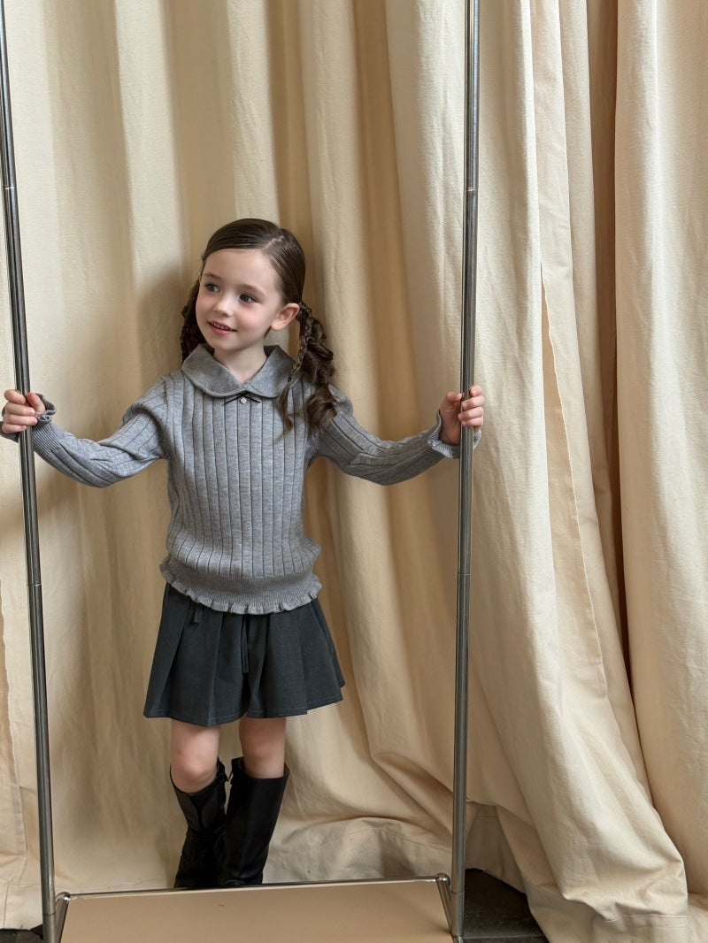 Kids' Ribbed Knit Round Neck Long-Sleeve Pullover with Frills
