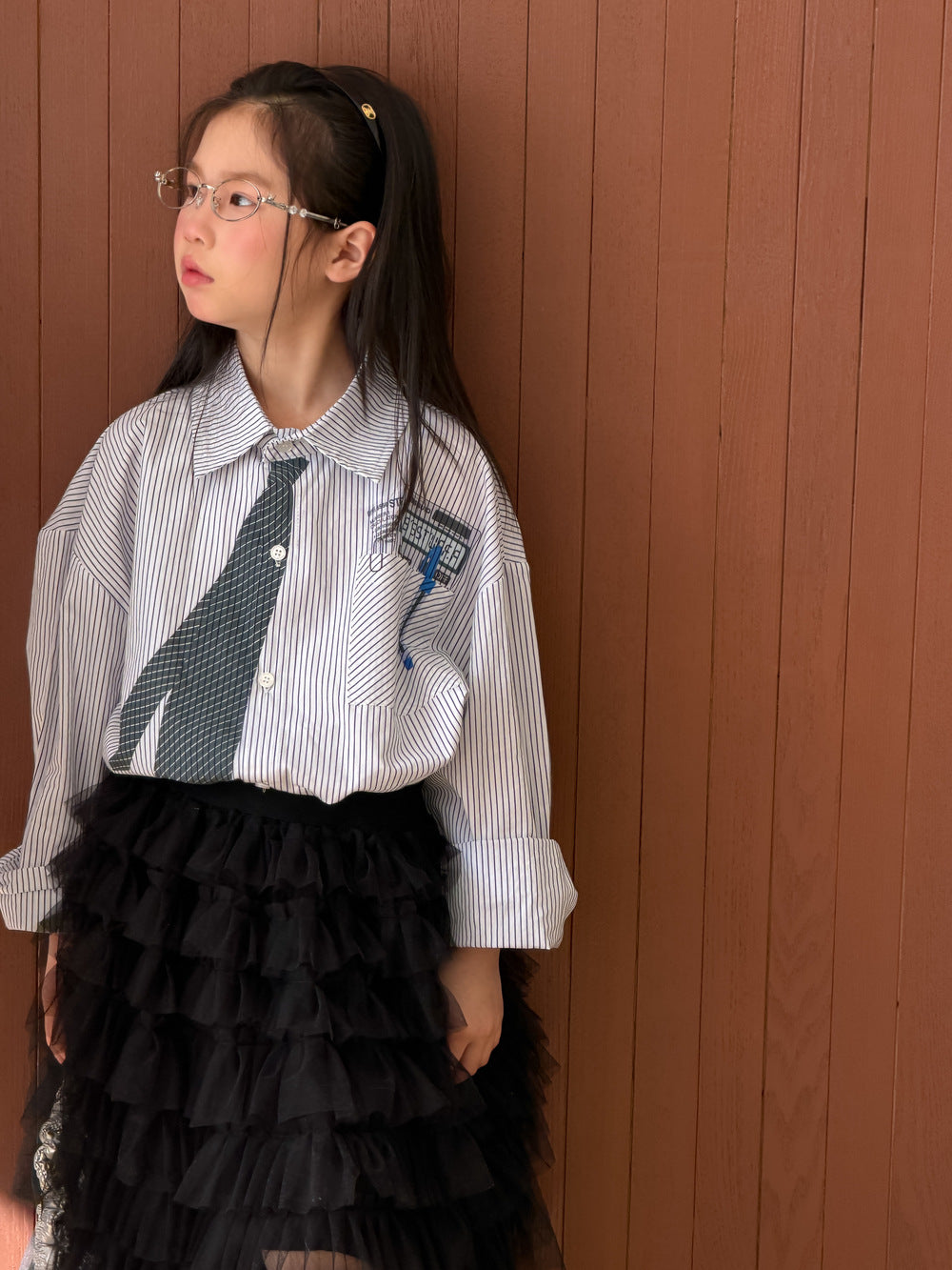 Camisa estampada de rayas con corbata【mh0012514】