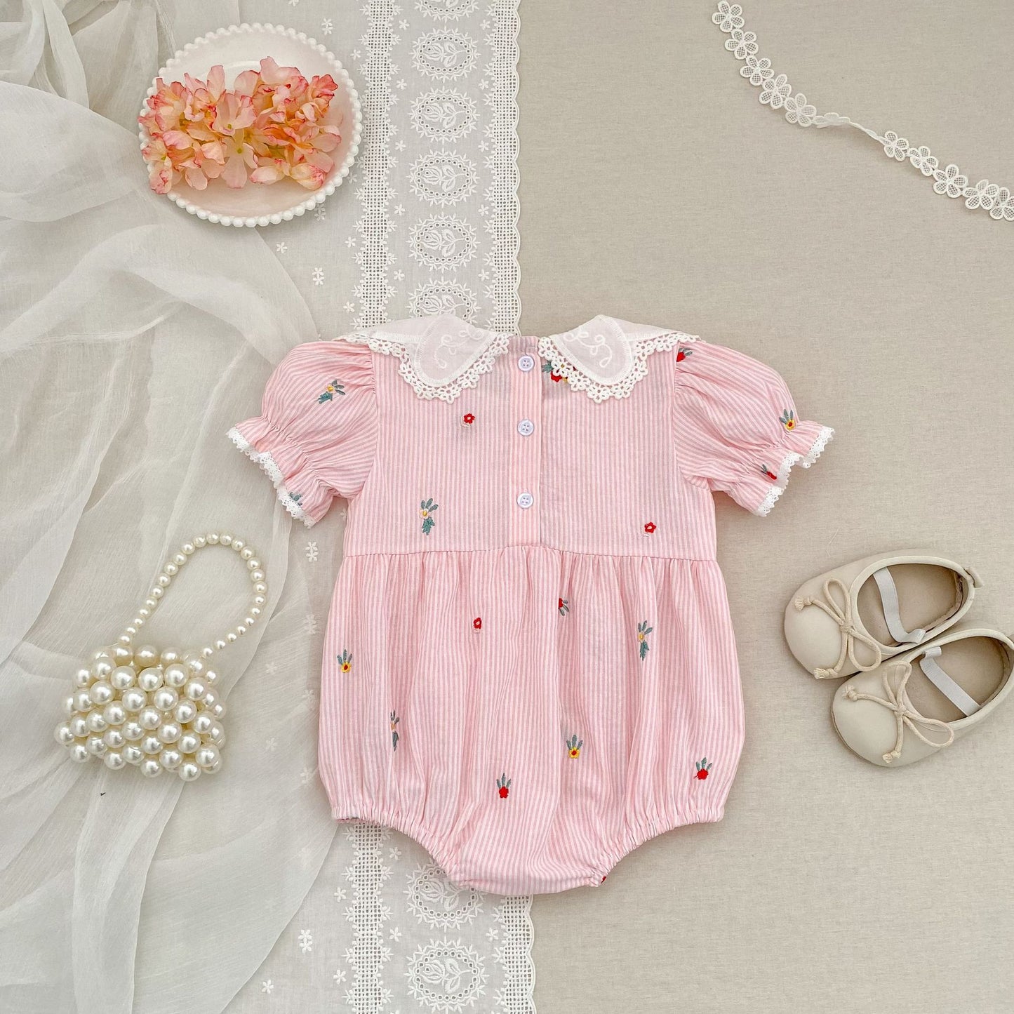 Stripe Embroidery Romper Dress Mono-vestido con bordados de rayas [mh0013168]