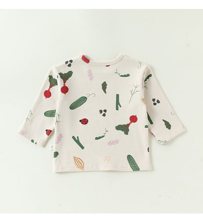 白地 野菜フルーツプリント 長袖ヘンリーネックTシャツ