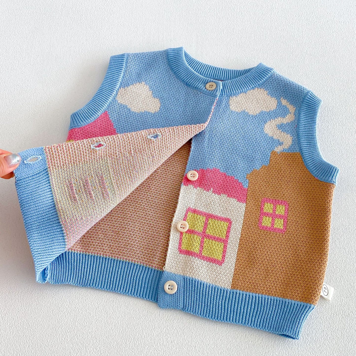 Chaleco de punto jacquard con motivo de casa para niños, cuello con volantes, blusa de manga larga y pantalones acampanados【mh0014046】