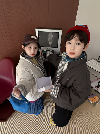 中綿ジャケット キッズ チェック柄 スタンドカラー 厚手 ショート丈 カジュアル アウター【mh0011667】