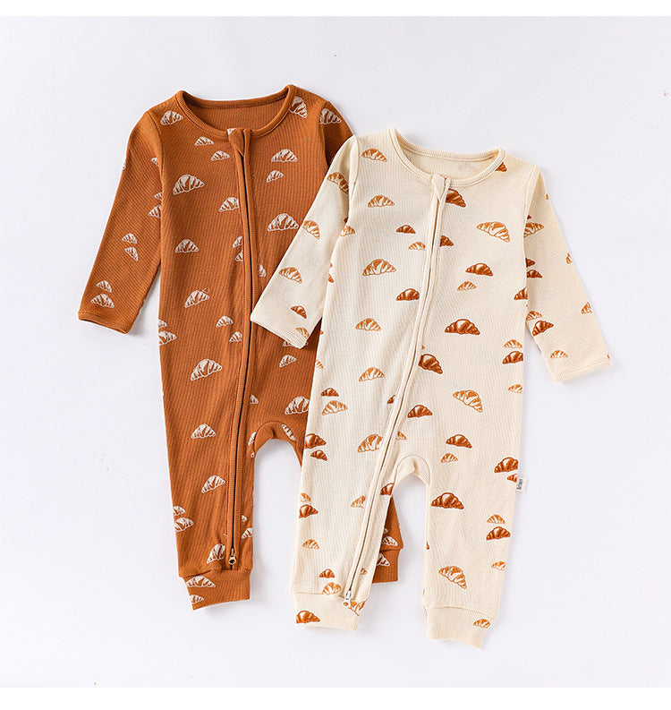 長袖ジャンプスーツ ジップアップ ブレッド クロワッサン 鳥 バード プリント カバーオール【mh0011730】