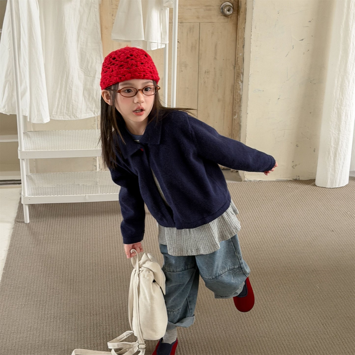 Kids' Polka Dot Collared Button-Up Long-Sleeve Knit Cardigan [mh0014056]