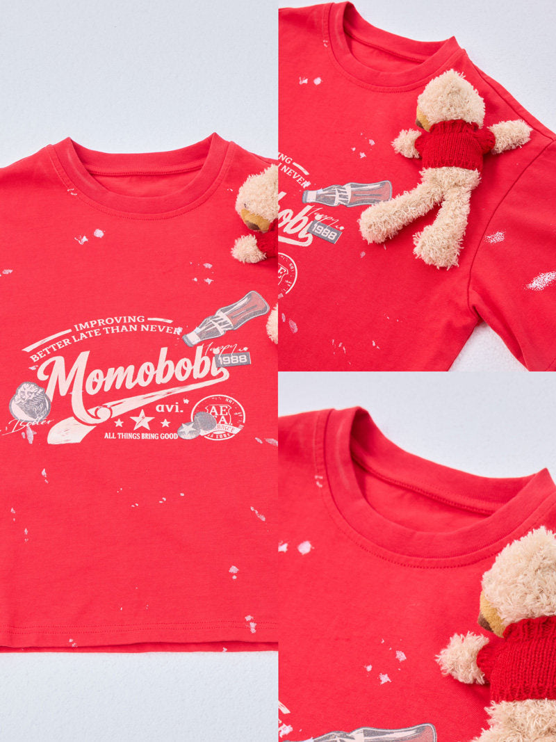 Splashed Bear Mascot Tee & Denim Shorts くま 半袖Tシャツ デニムハーフパンツ【mh0012998】