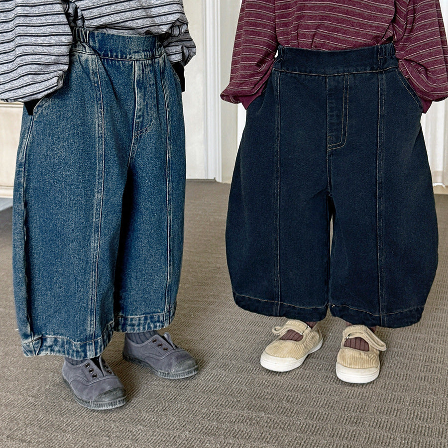 キッズ パッチワーク ウォッシュ ワイド ルーズ クロップド デニムパンツ【mh0014299】
