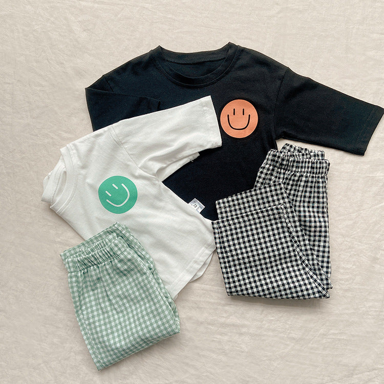 Smiley Long Sleeve Tee & Plaid Pants Set スマイル プリント チェック柄 セットアップ【mh0012672】