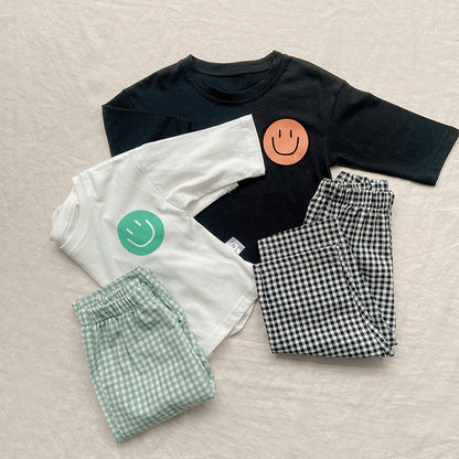 Smiley Long Sleeve Tee & Plaid Pants Set スマイル プリント チェック柄 セットアップ【mh0012672】