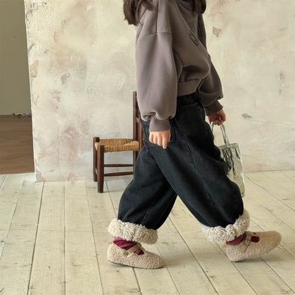 デニムパンツ 裏ボア 裾ボア ドッキング ゆったり ボトムス【mh0011610】