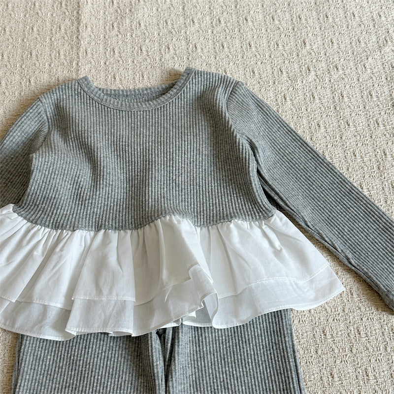 Conjunto de camiseta de manga larga acanalada con volantes y lazo para niña y pantalón acampanado【mh0014151】