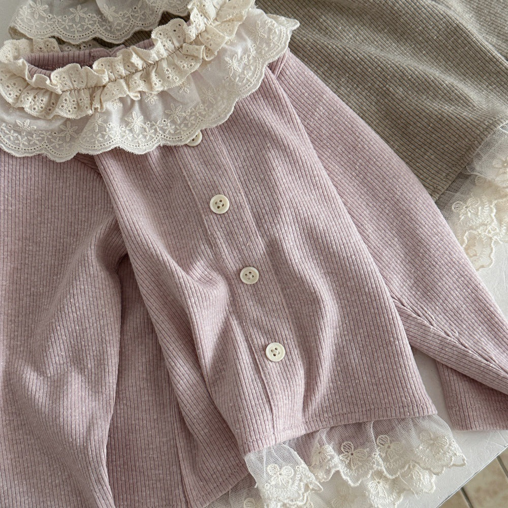 Camiseta de manga larga para bebés y niños, con cuello con volantes, bajo con volantes y botones frontales, tejido de canalé [mh0014486]