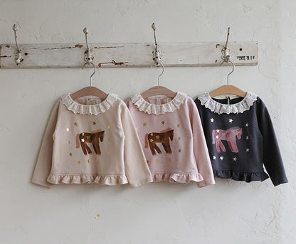 キッズ用長袖Tシャツ3点セット、レース襟フリル：ベージュ・ピンク・チャコール