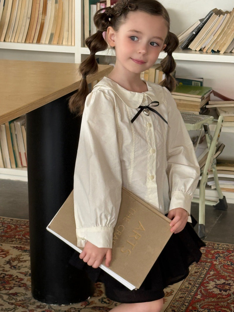 Kids' Peter Pan Collar Long-Sleeve Blouse with Front Ribbon and Pintucks [mh0014070]