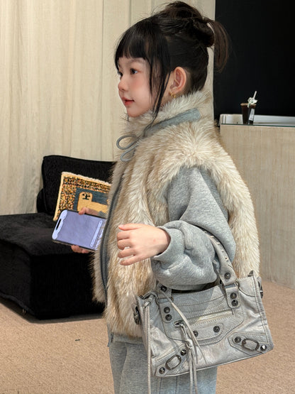 Kids' Set 2026 Winter Girls' Faux Fur Patchwork Sweatshirt Two-Piece Set, Thickened Fleece-Lined Kids Set Mo Xiao Meng【mh0014700】