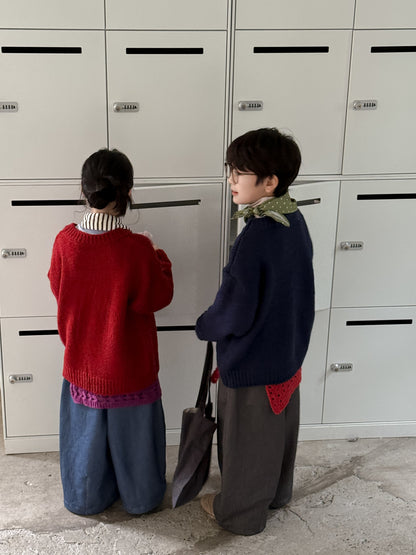 ニットセーター キッズ 裏起毛 厚手 クルーネック 無地 ルーズフィット プルオーバー【mh0011674】