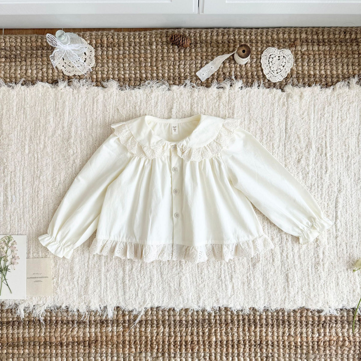 キッズ 刺繍 レース フリル 丸襟 長袖ブラウス【mh0014611】