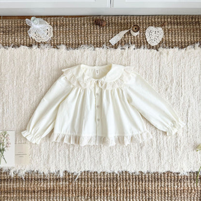 キッズ 刺繍 レース フリル 丸襟 長袖ブラウス【mh0014611】