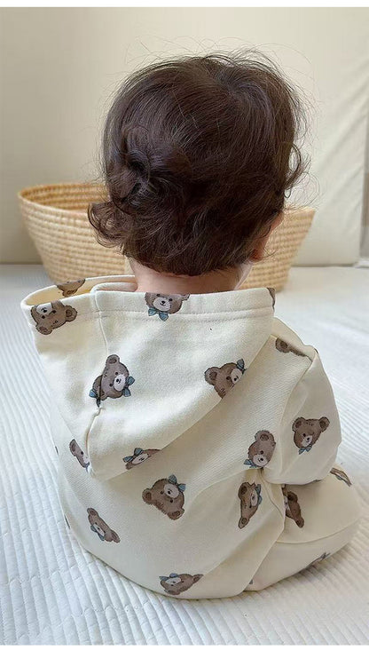 長袖ジップアップジャンプスーツ フーディロンパース ベアくまプリント【mh0011721】