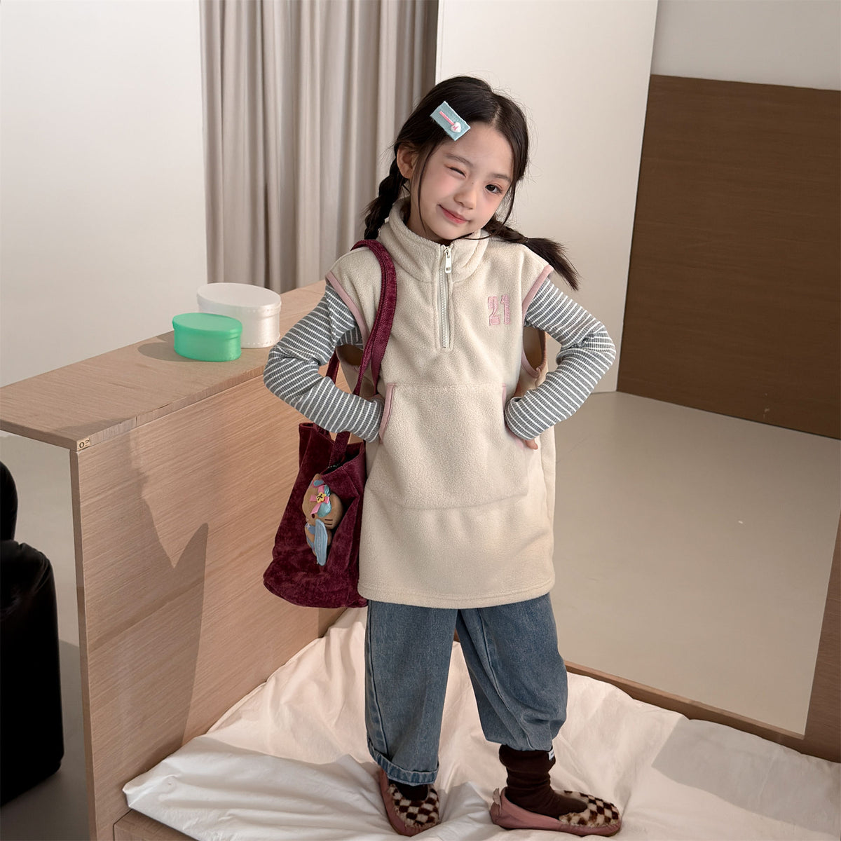 Kids' Embroidered Number Stand-Collar Half-Zip Fleece Long Vest【mh0014559】