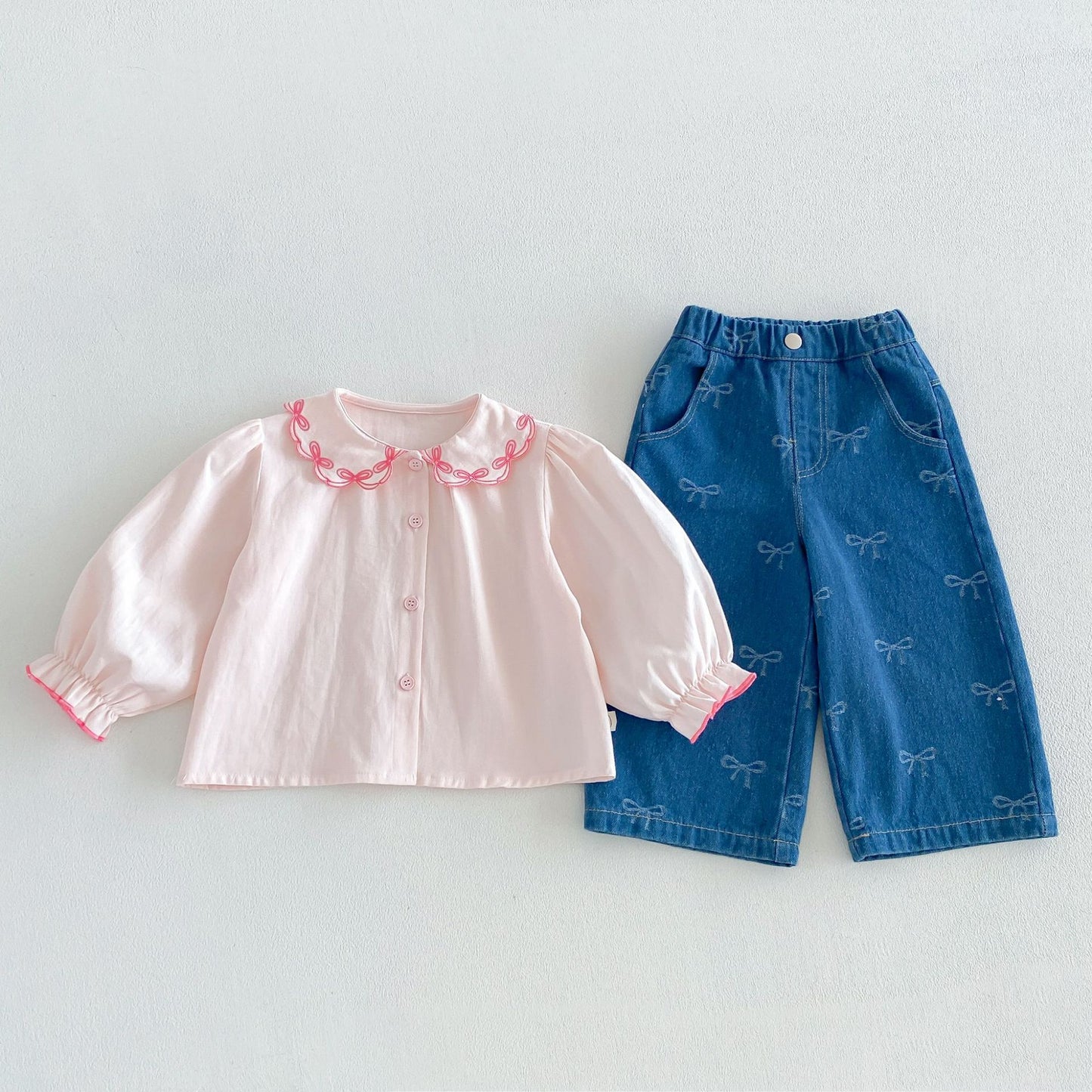 Blusa de manga larga para niños con cuello con volantes y ribetes 【mh0014047】
