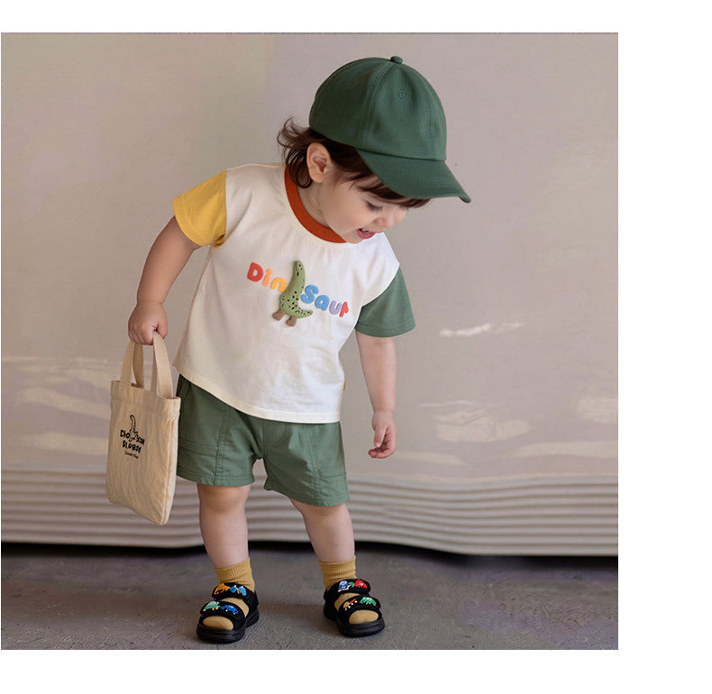 Dinosaur Cartoon Set Dinosaur Embroidery Short Sleeve T-Shirt and Shorts [mh0012855]