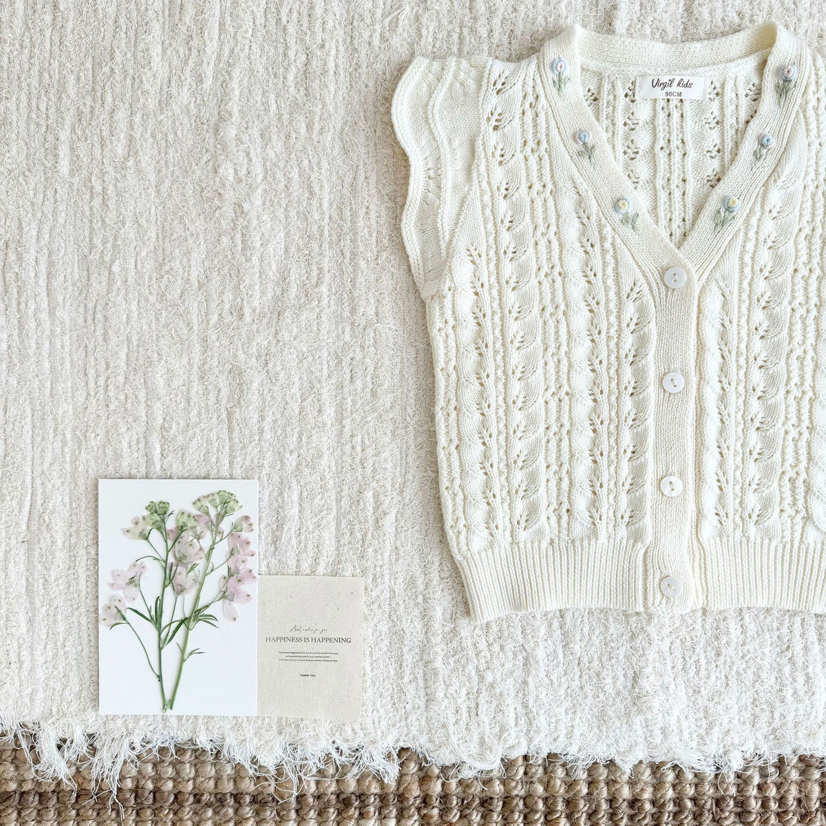 キッズ フラワー 透かし編み フリル 刺繍 ニット ベスト 長袖 ブラウス【mh0014609】