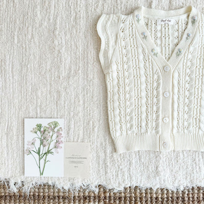 キッズ フラワー 透かし編み フリル 刺繍 ニット ベスト 長袖 ブラウス【mh0014609】