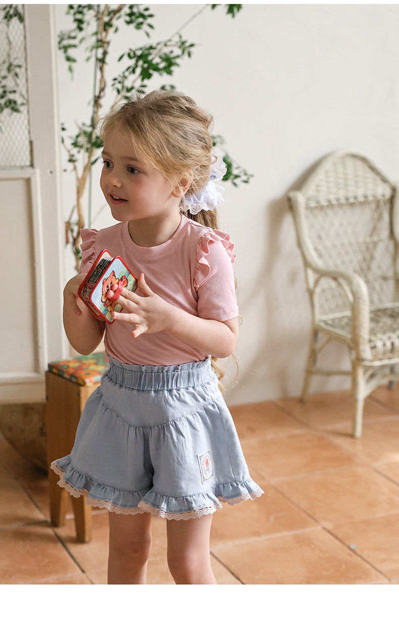 Lace Print Denim Shorts フリル デニムショートパンツ【mh0012981】