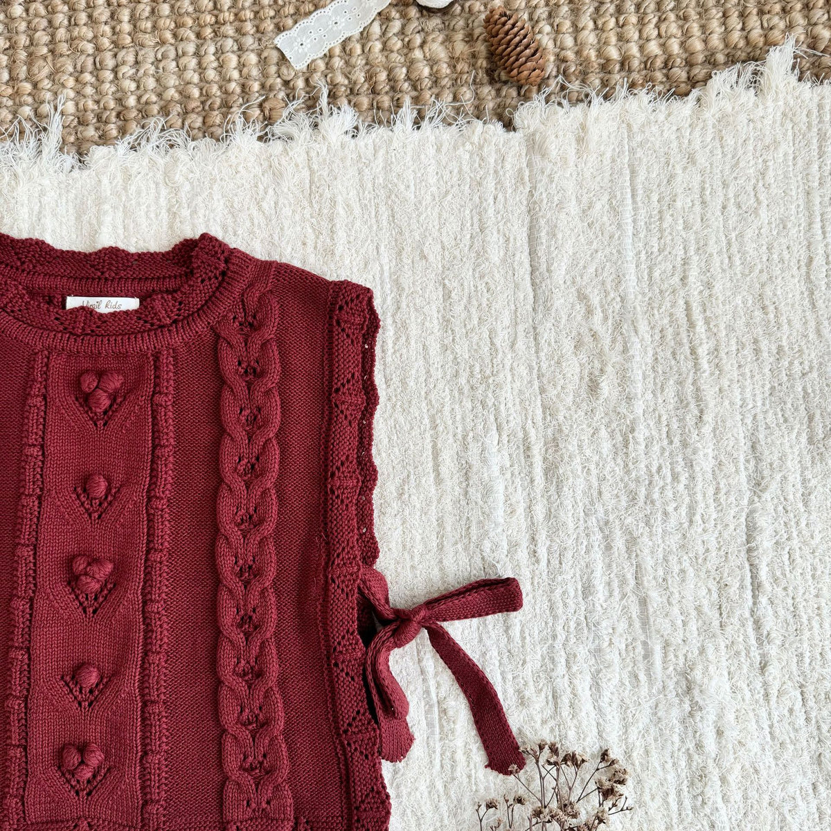 キッズ フラワー チェリー 刺繍 フリル ニット ベスト 長袖 ブラウス ワイド デニムパンツ【mh0014607】