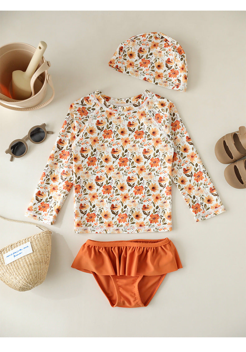 UPF50 Plus Floral Long Sleeve Swimsuit Rash Guard 3-piece Set [mh0012593]