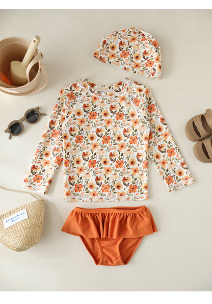 UPF50 Plus Floral Long Sleeve Swimsuit Rash Guard 3-piece Set [mh0012593]