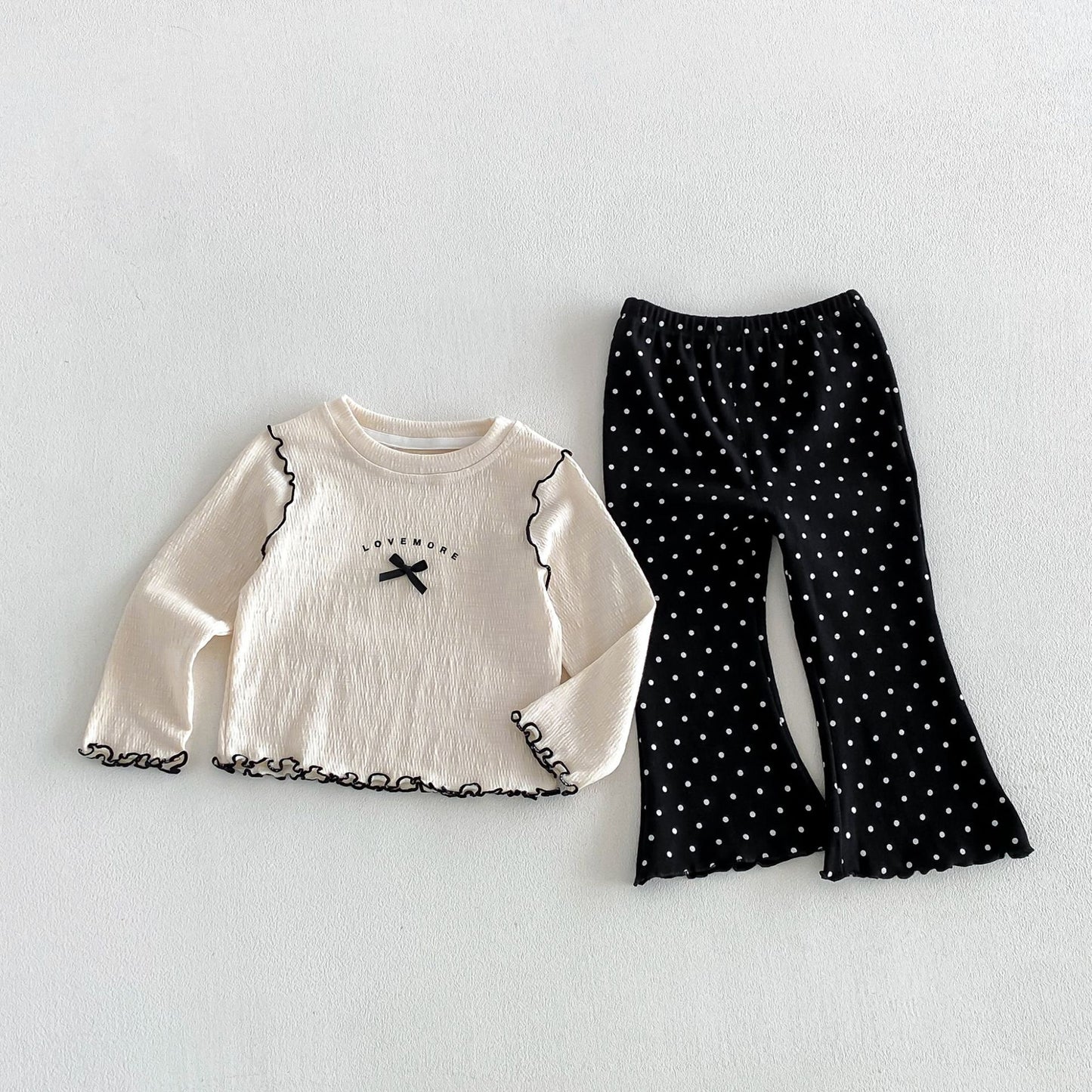 キッズ ロゴプリント メローフリル リボンステッチ 長袖Tシャツ フレアパンツ【mh0014048】