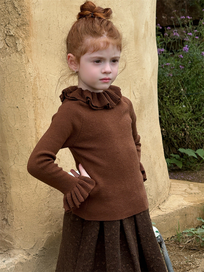 ニットトップス ラッフル襟 フリル袖 ハイネック シンプル 長袖【mh0011627】