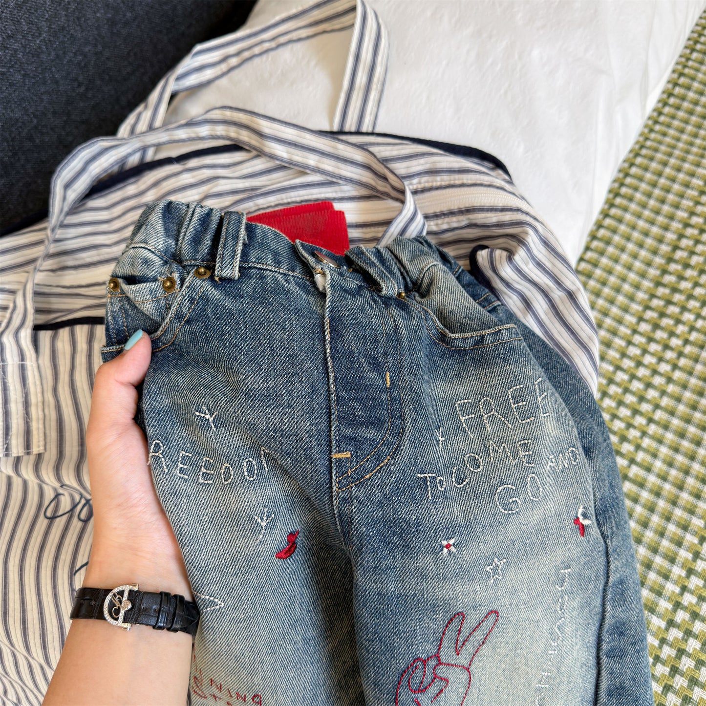 Kids' Hand-Drawn Print Pocket Loose Denim Pants [mh0014063]