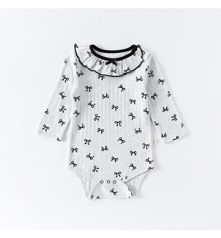 長袖ロンパース ラッフル襟 リボンプリント ボディスーツ【mh0011728】