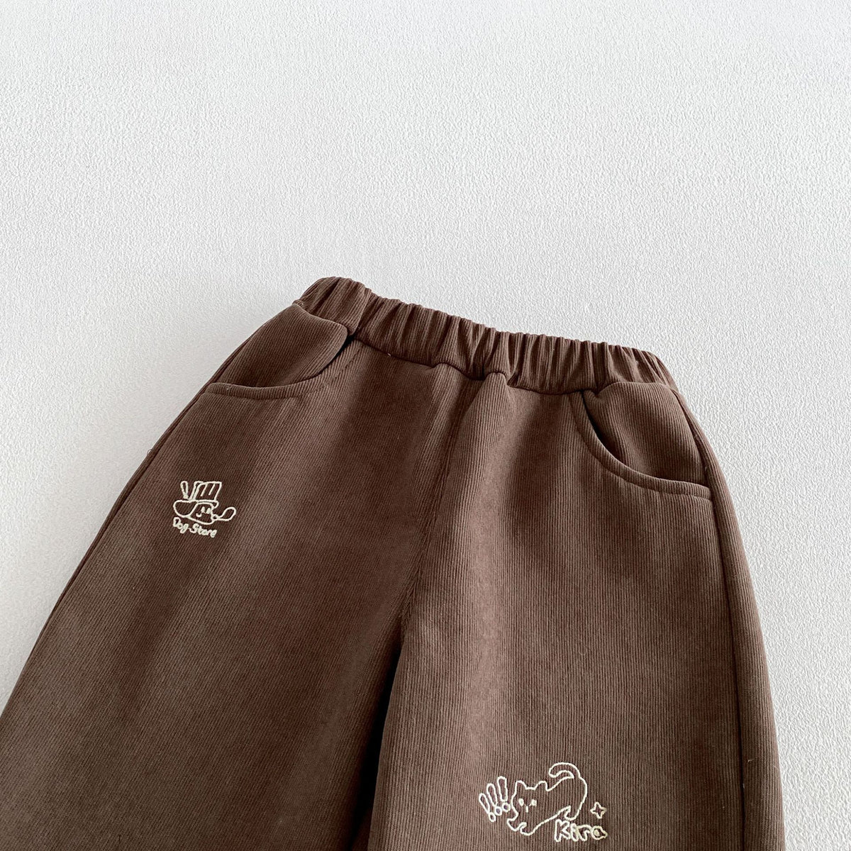 キッズ ロールアップ チェック 刺繍 裏起毛 ストレート ロングパンツ【mh0014767】