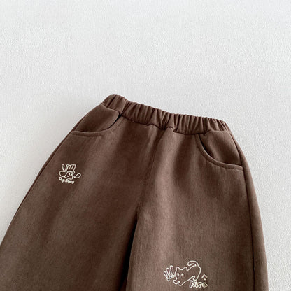 キッズ ロールアップ チェック 刺繍 裏起毛 ストレート ロングパンツ【mh0014767】