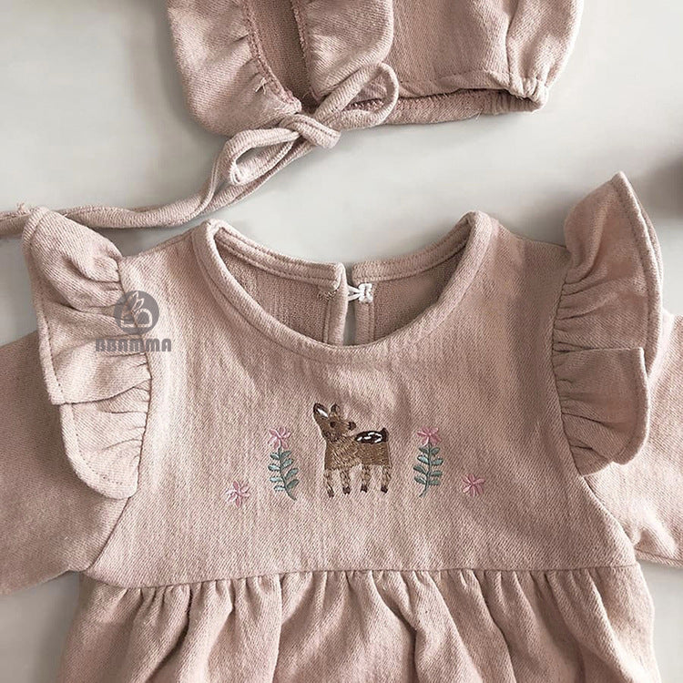 Fawn Embroidered Ruffle Bodysuit 小鹿 刺繍 フリル 長袖ロンパース【mh0012696】