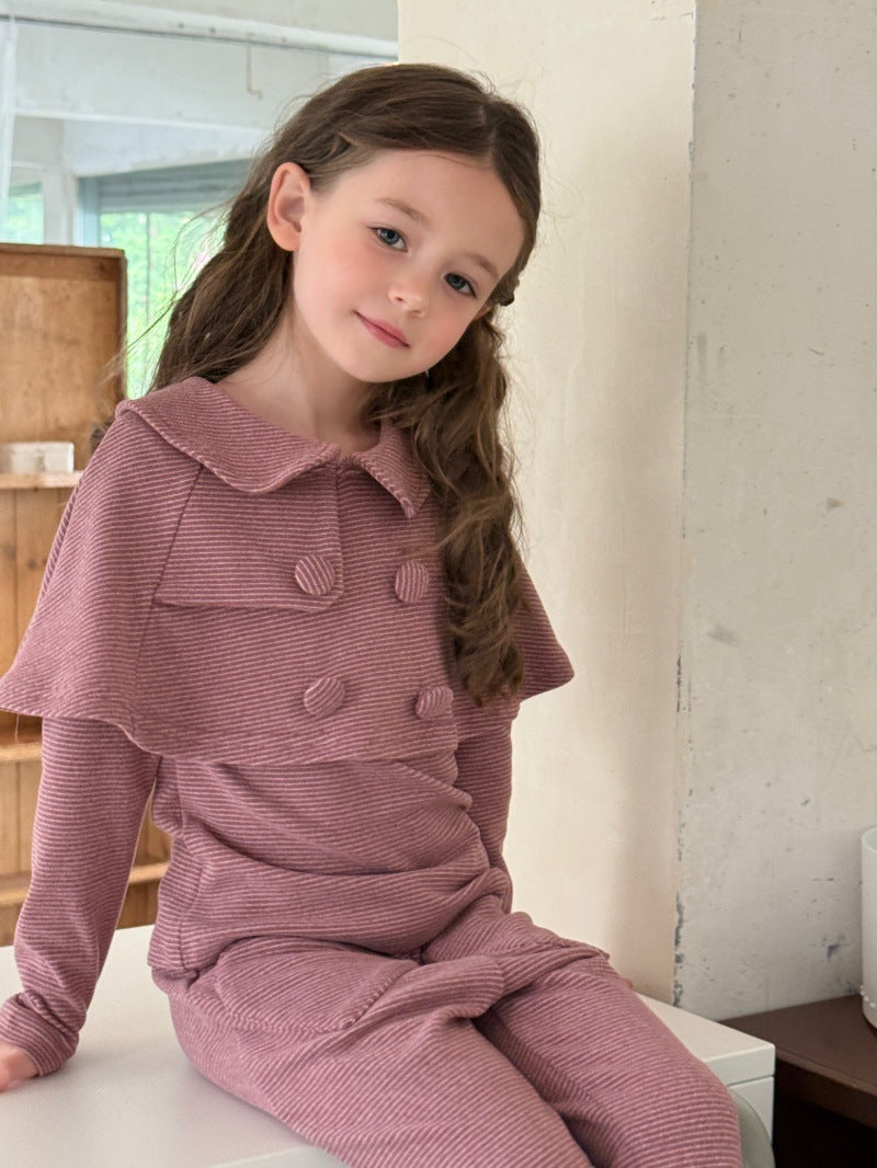CHENG. L 26 Autumn/Winter Korean Style Girls' Collared Shawl Long Sleeve T-Shirt Heart Stretch Flared Pants Set【mh0014101】