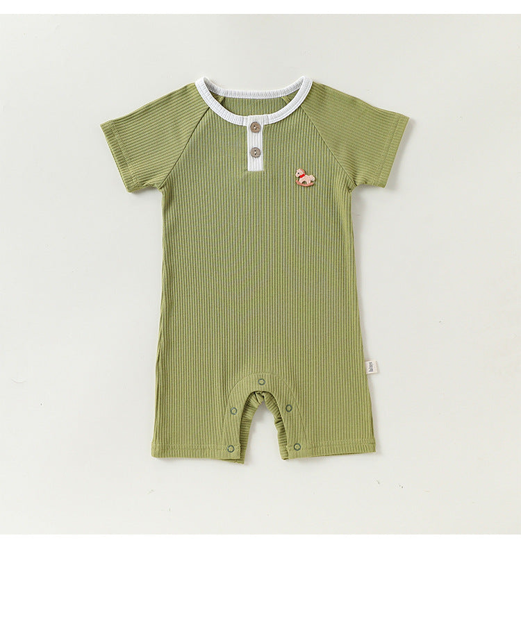 Henley Neckline Short Sleeve Modal Romper ワンポイント 刺繍 半袖ロンパース【mh0012781】