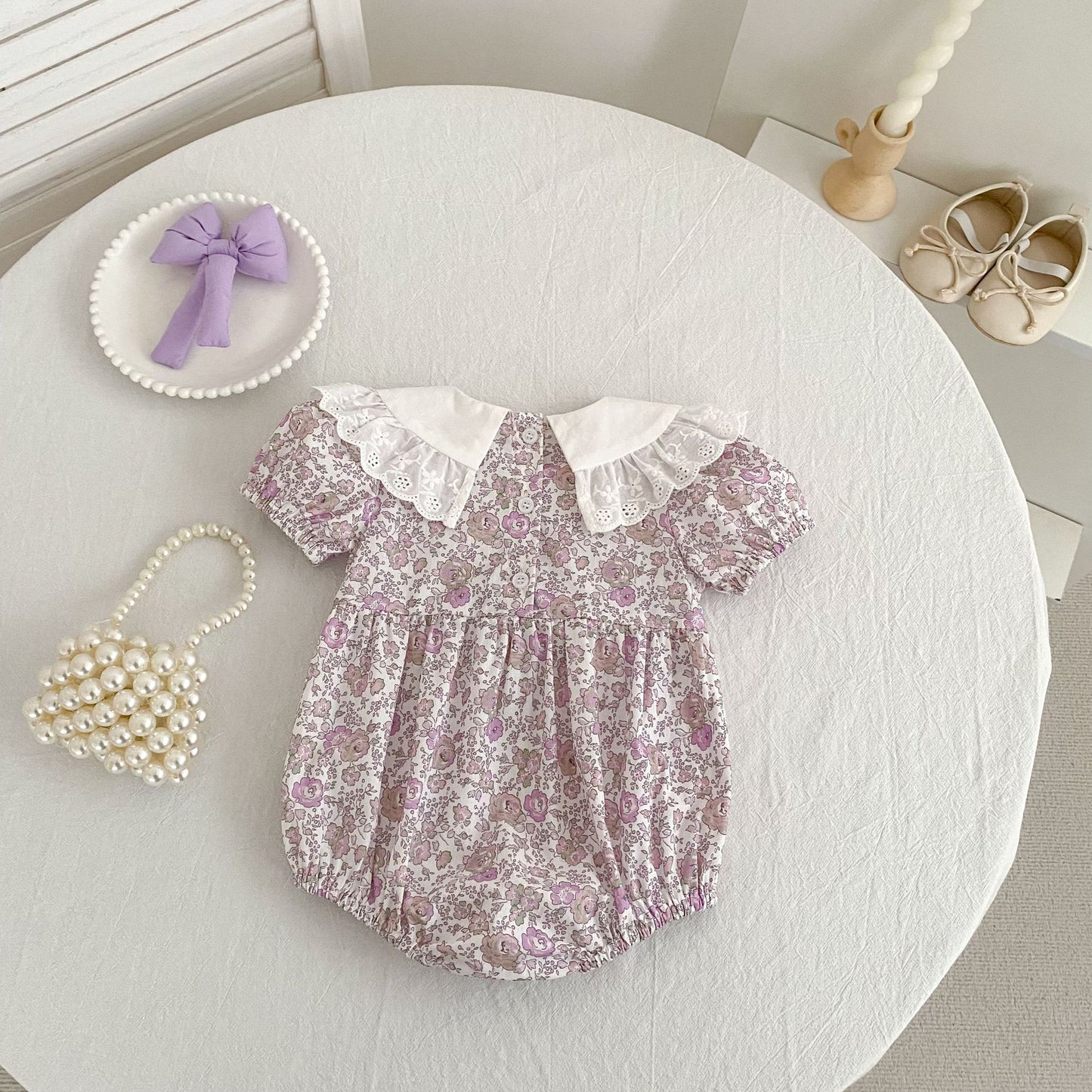 Floral Lace Collar Dress Romper Vestido con cuello de volantes y mangas cortas Mameluco de manga corta【mh0013156】