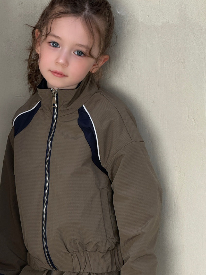 Kids' Colorblock Stand-Collar Long-Sleeve Jacket & Mini Skirt Set [mh0014079]