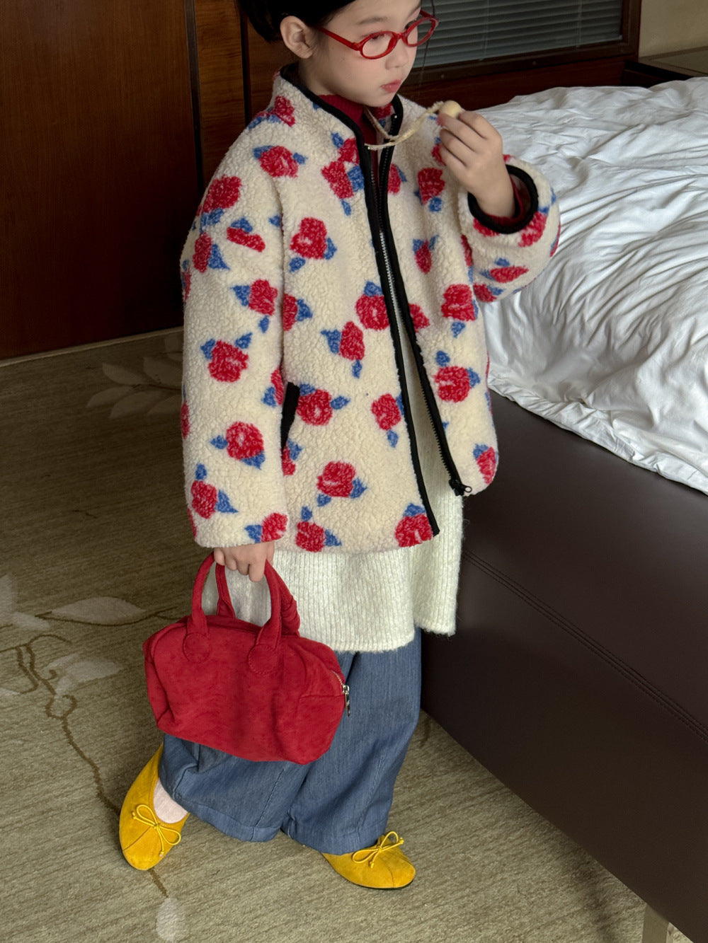 ボアジャケット キッズ フラワープリント 厚手 スタンドカラー カジュアル ジップアウター【mh0011686】