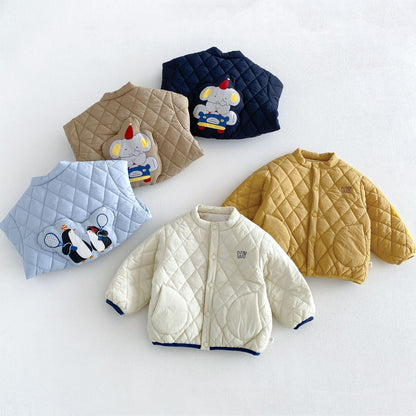 ベビー キッズ アニマル 刺繍 キルティング 中綿ジャケット / デニムパンツ【mh0014759】