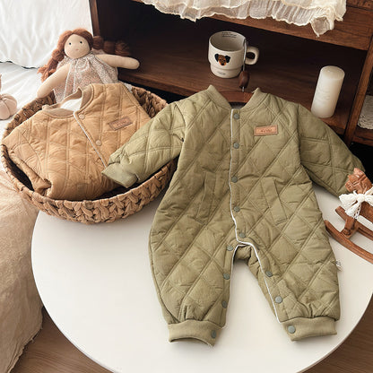 アウタージャンプスーツ ロンパース キルティング 中綿 厚手 ダイヤ柄 カバーオール【mh0011688】