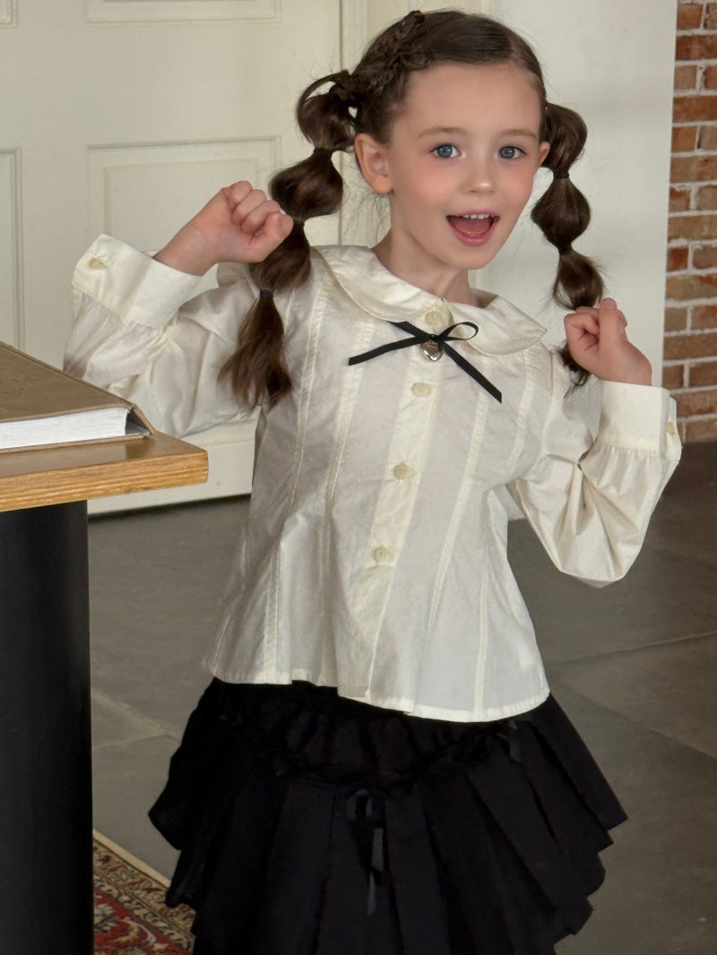 Kids' Peter Pan Collar Long-Sleeve Blouse with Front Ribbon and Pintucks [mh0014070]